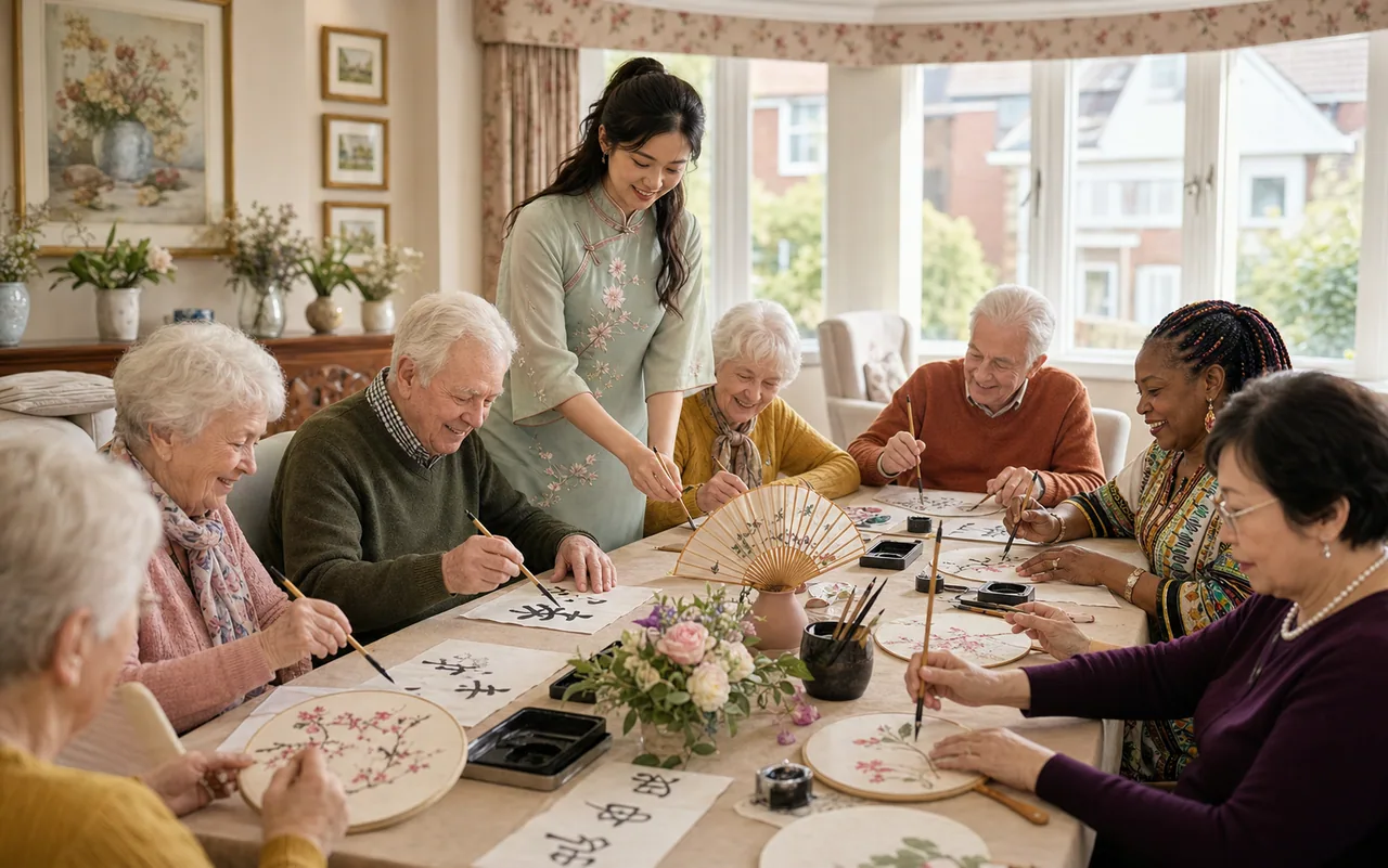Illustrative programme image of older adults painting round fans and practising calligraphy with a young Chinese instructor