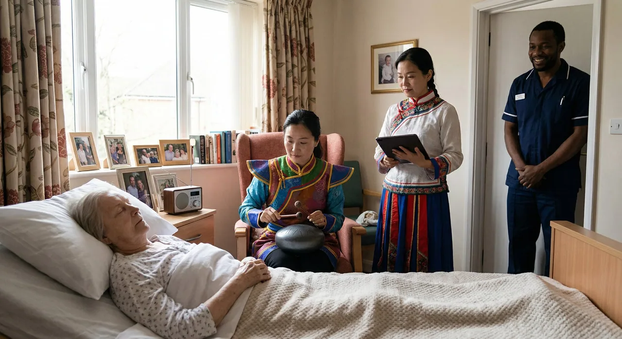 Illustrative room-by-room programme scene with gentle ethereal-drum music beside an older resident resting in her room and care-team members present