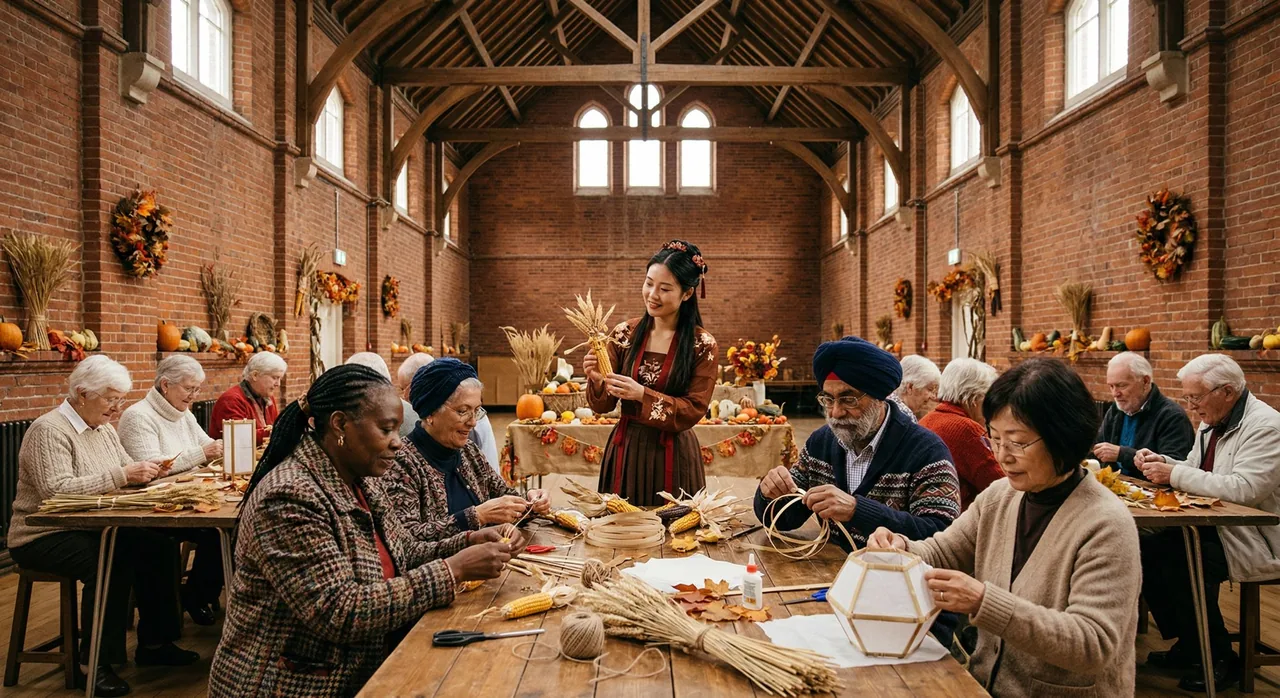 Programme visual showing older adults making harvest crafts and lanterns