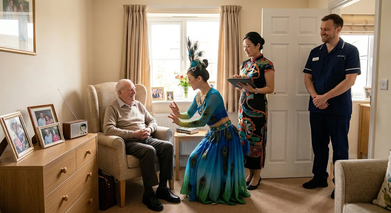Illustrative room-by-room programme scene of a peacock dancer performing for an older resident with care-team members present