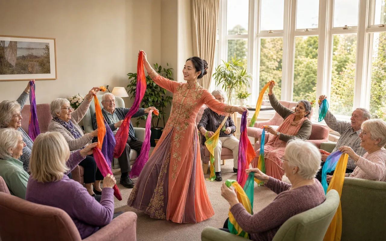 Illustrative programme image of a young Chinese instructor in a coral long dress leading seated silk-ribbon movement with older adults