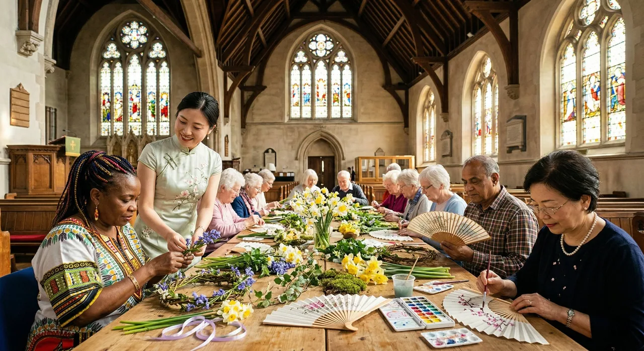 Programme visual showing older adults making floral crowns and painting fans
