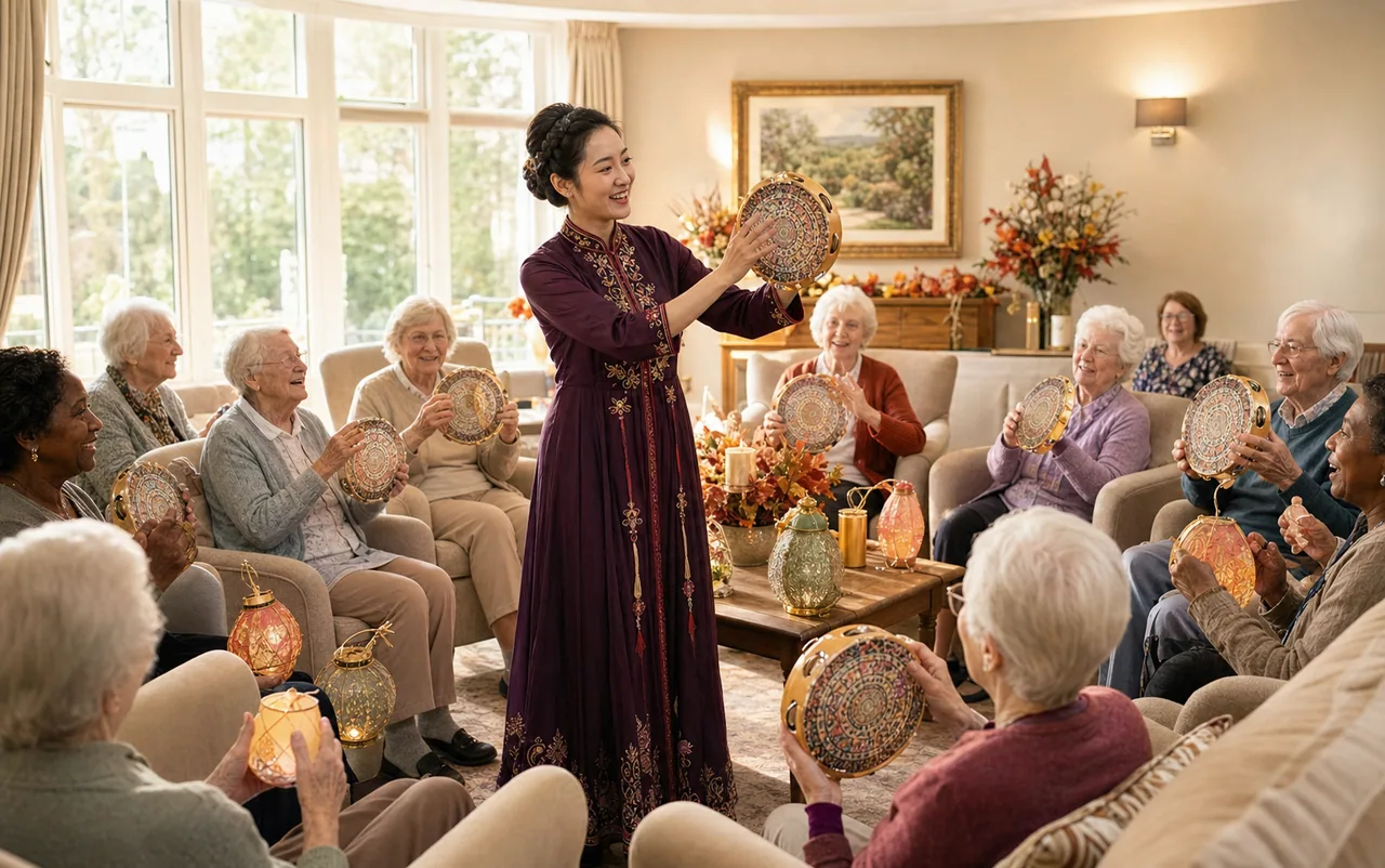 Illustrative programme image of a young Chinese instructor in a plum long dress leading a tambourine and lantern activity