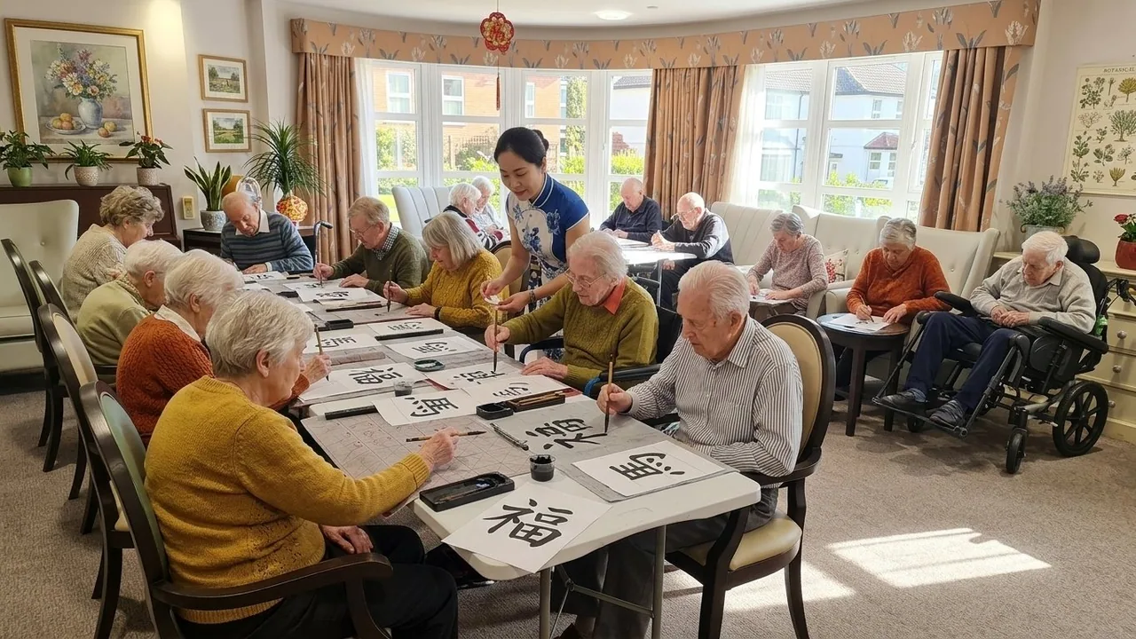 Programme visual showing an inclusive older-adult Chinese calligraphy session