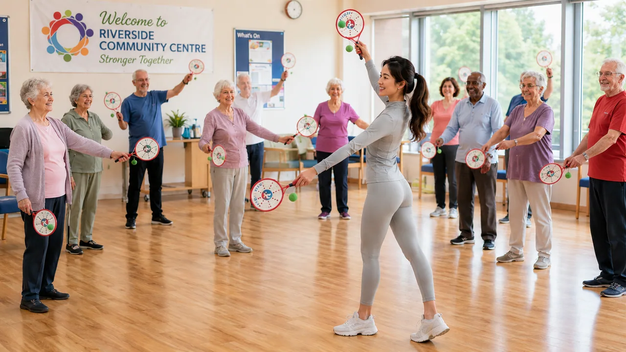 Illustrative scene of older adults joining an instructor-led racket and ball movement session at Riverside Community Centre