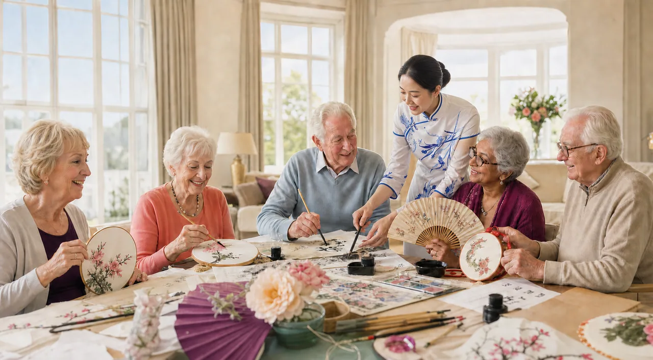 A young Chinese instructor helping older adults with calligraphy and fan painting
