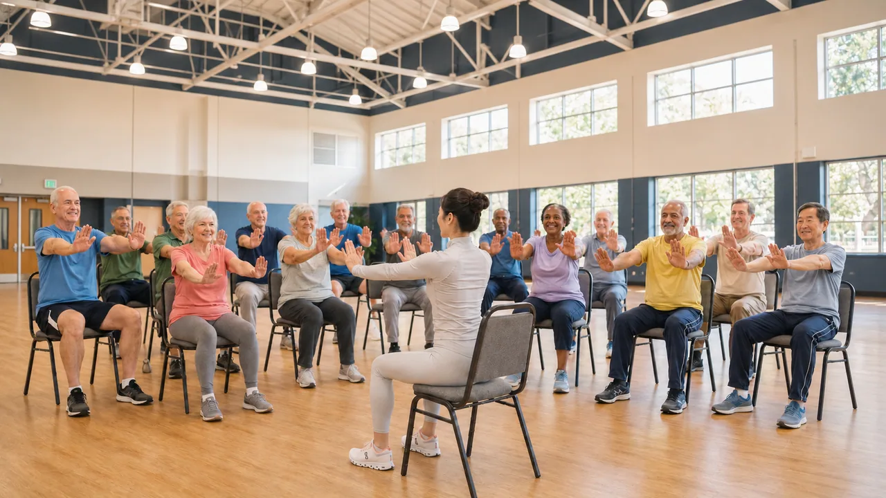 Older adults taking part in an instructor-led seated movement class in a bright Leisure Centre