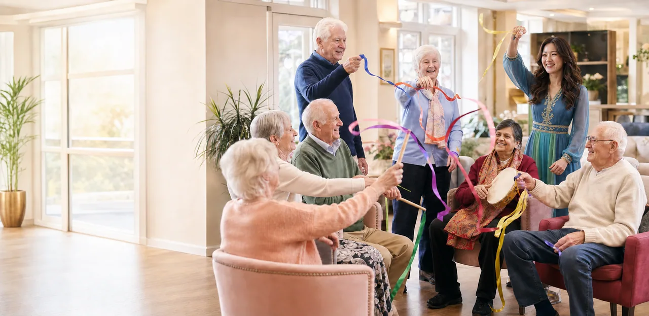 A young Chinese instructor leading older adults in a joyful ribbon and music activity