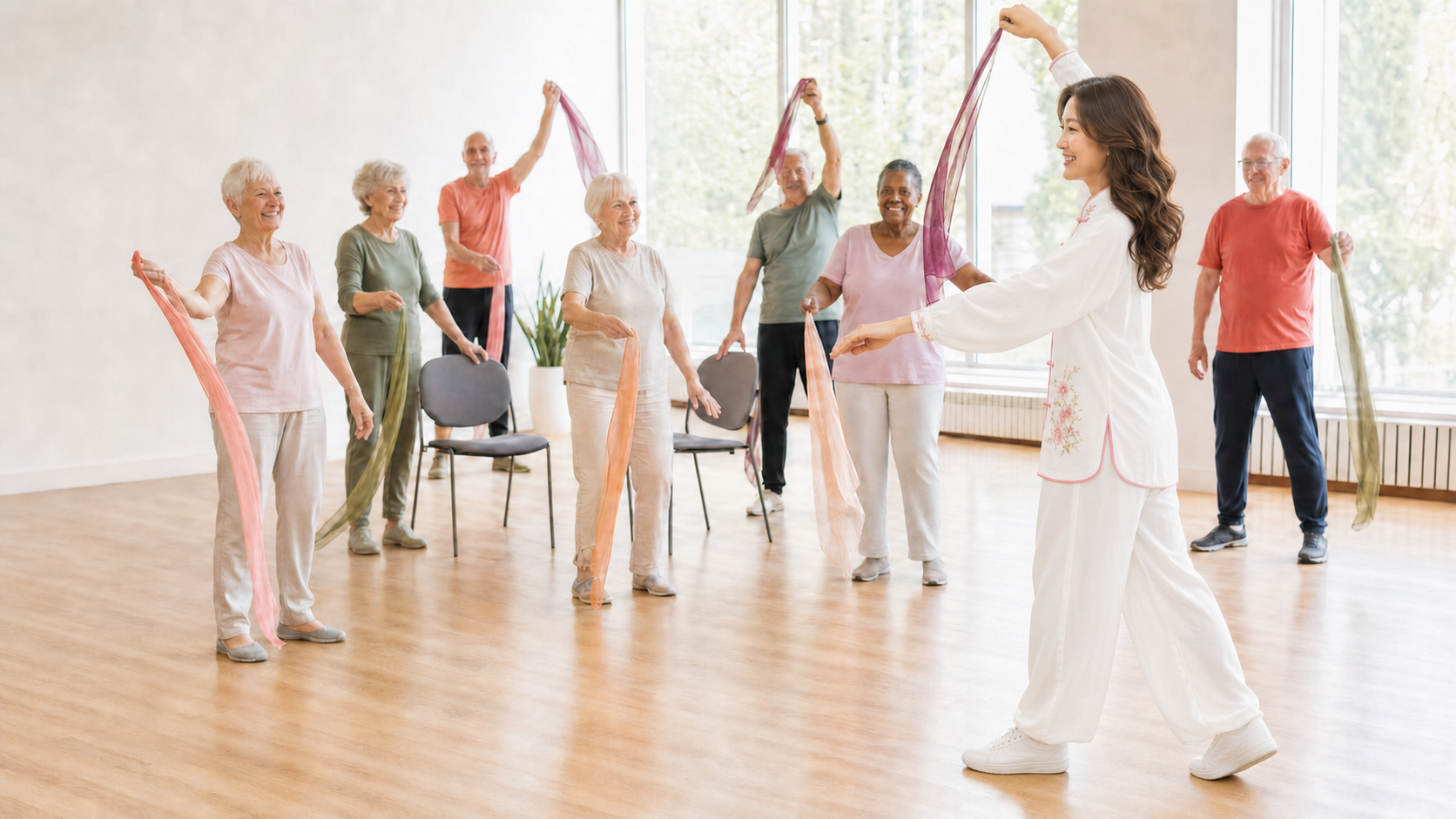 Ava in an ivory-white floral Tai Chi outfit leading an inclusive older-adult movement class
