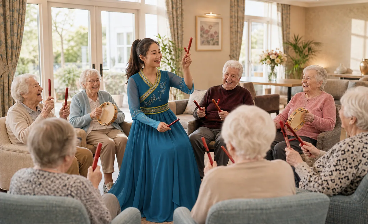 A young Chinese instructor leading older adults in a colourful rhythm and movement session