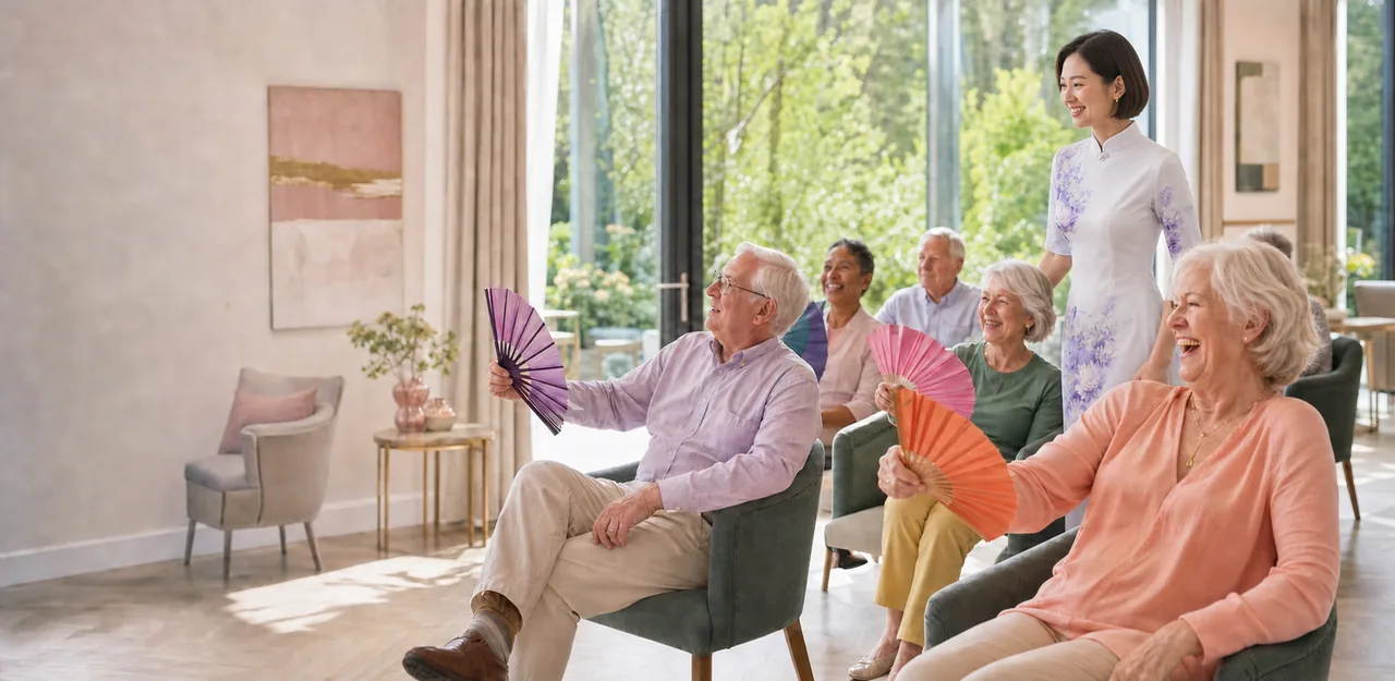 A young Chinese instructor leading retirement-living residents in a fan activity