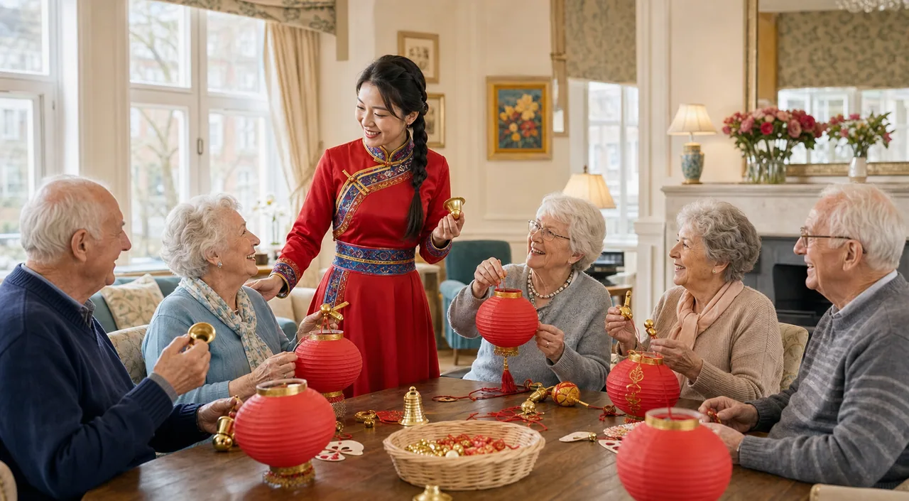 A young Chinese instructor leading older adults in a lantern and bell workshop