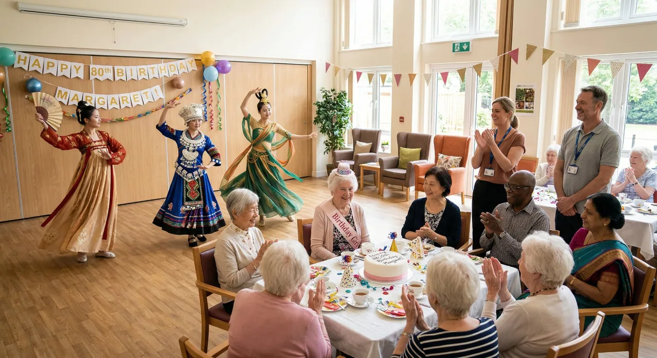 Three Chinese dancers in regional costumes performing at an older adult birthday celebration