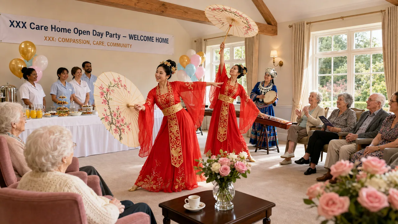 Chinese dancers in red costumes performing with painted parasols for older adults