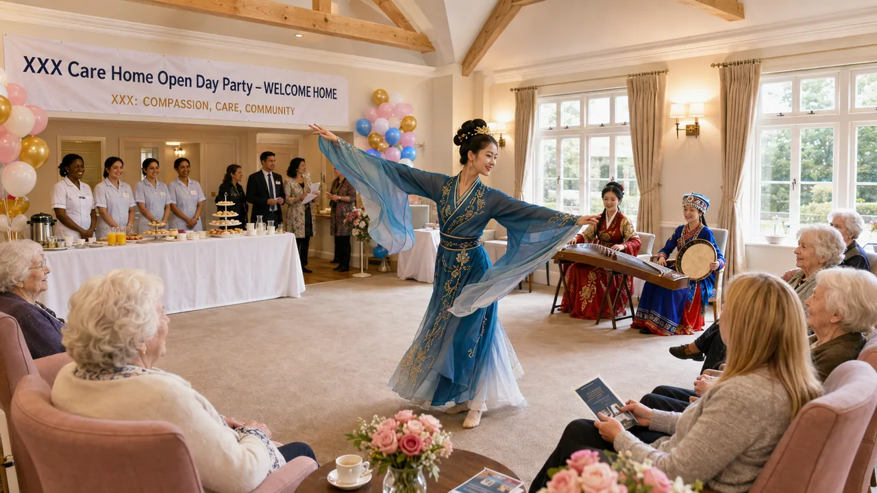 Chinese classical dancer performing for residents and guests at a care home open day