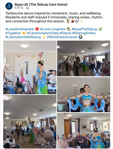 Bupa UK social post from The Sidcup Care Home showing residents and staff joining a GYF tambourine dance session