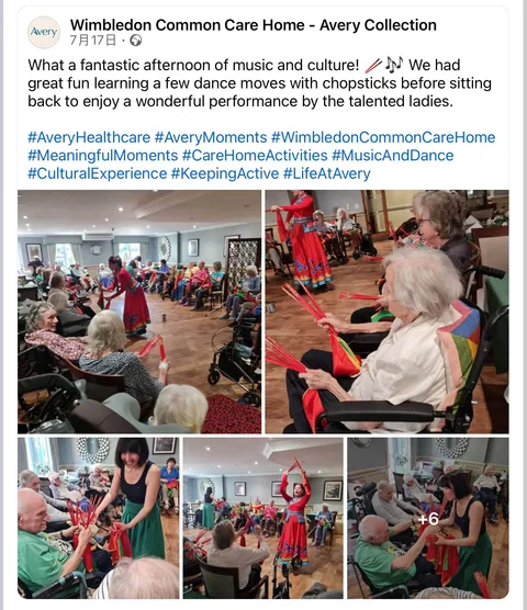 Wimbledon Common Care Home social post showing music, cultural learning and interactive movement with GYF