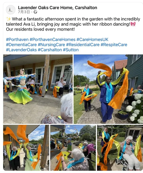 Lavender Oaks Care Home social post showing residents participating in an outdoor GYF ribbon dance