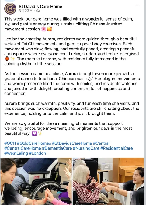 St David’s Care Home social post about gentle Chinese-inspired movement, Tai Chi and wellbeing with GYF