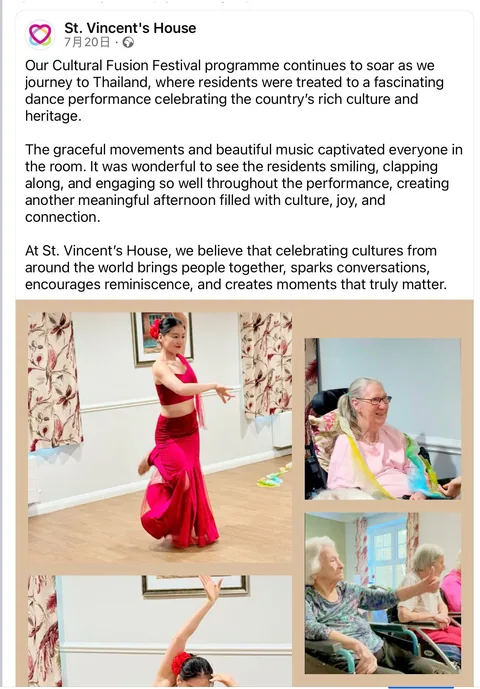 St. Vincent’s House social post about a GYF Thailand cultural fusion festival with dance and reminiscence